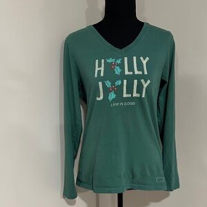*LIFE IS GOOD* Festive Green Crusher Tee Classic Git Long Sleeve Tee Shirt Sz S